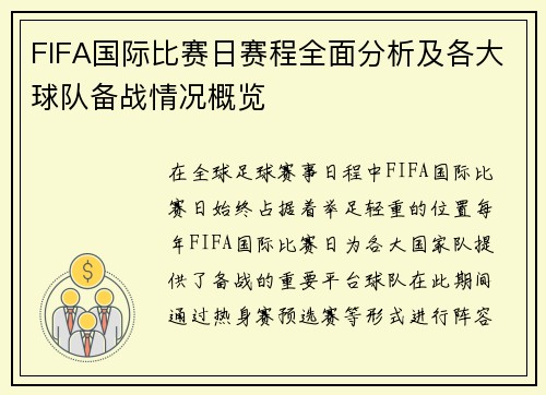 FIFA国际比赛日赛程全面分析及各大球队备战情况概览